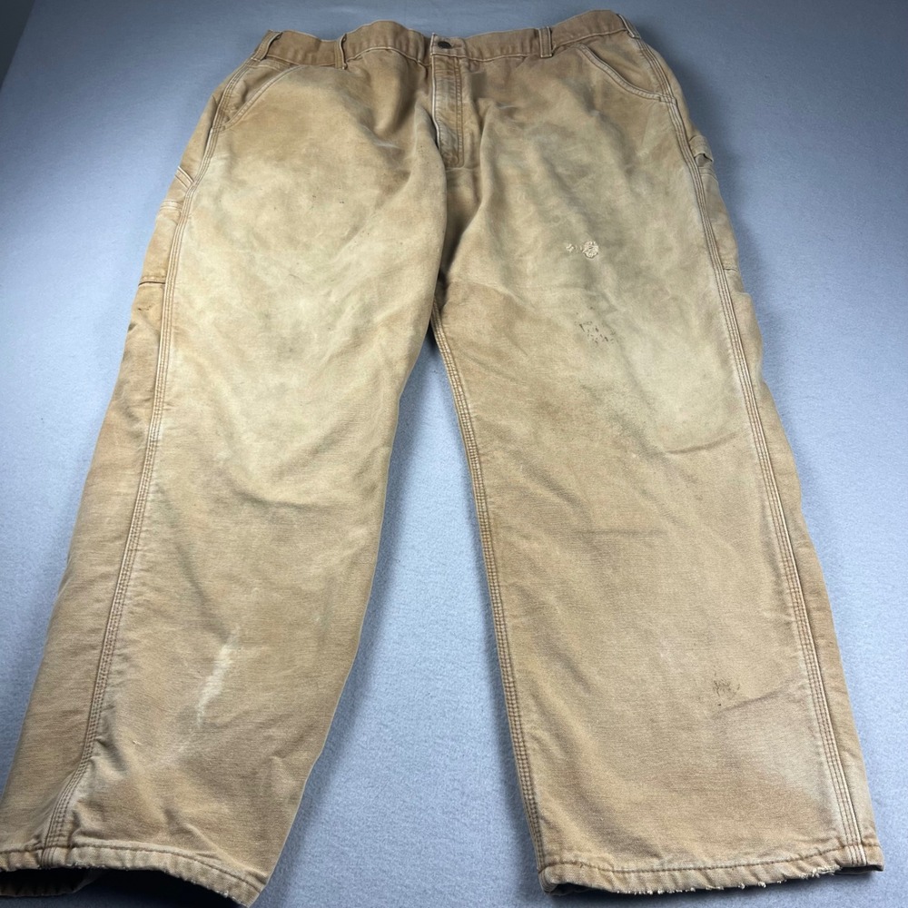 Distressed Carhartt B111-BRN Lined Duck Canvas Carpenter Pants Mens 42x30
